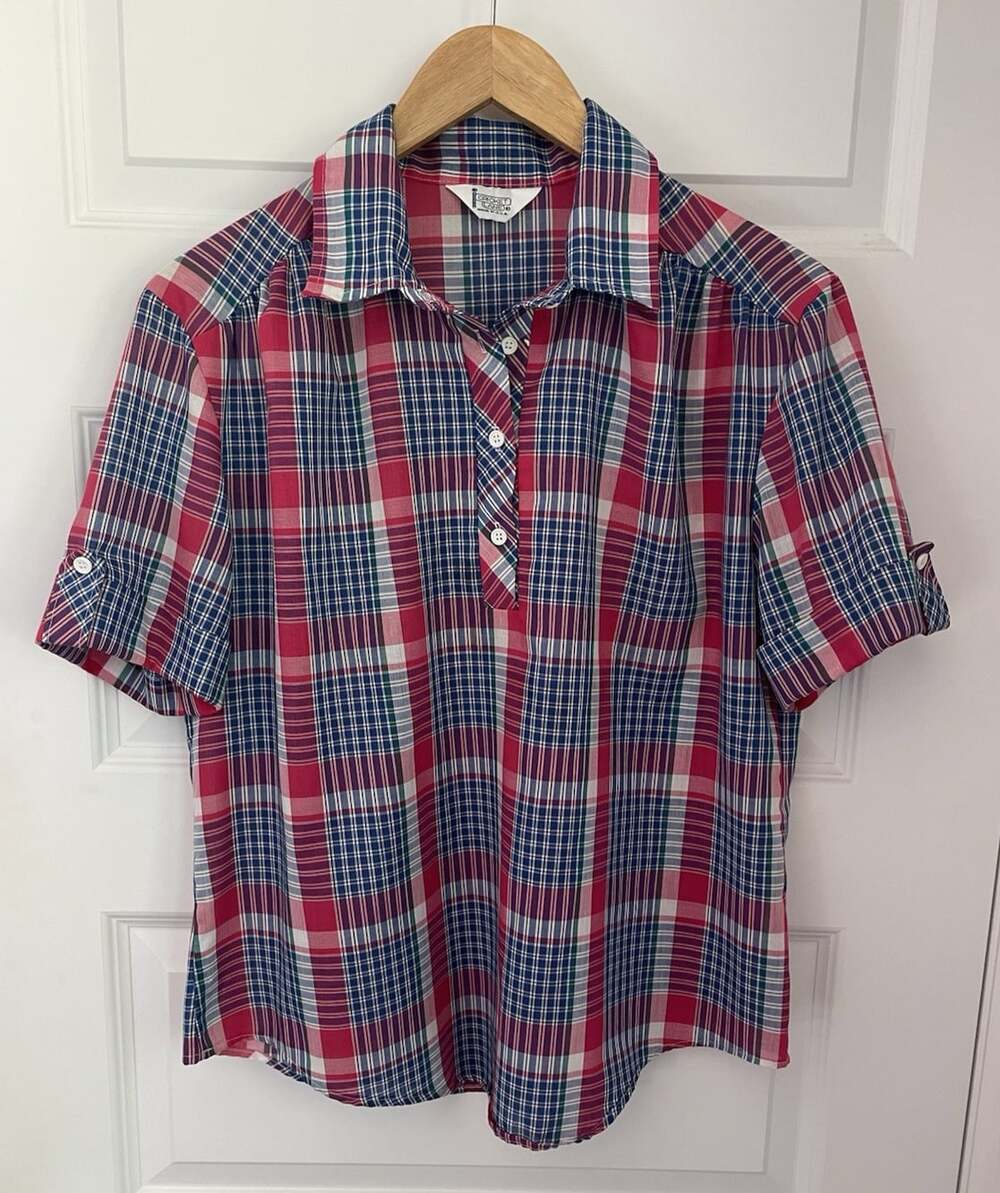 Vintage 70s 80s Womens M Plaid Short Sleeve Top Blouse Preppy Cape Cod Pink Red
